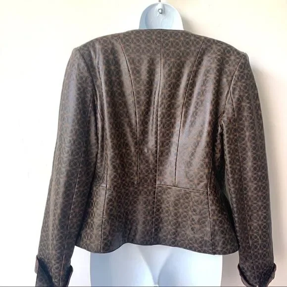 Leather Geometric Dark Brown Fitted Jacket - Picture 12 of 14